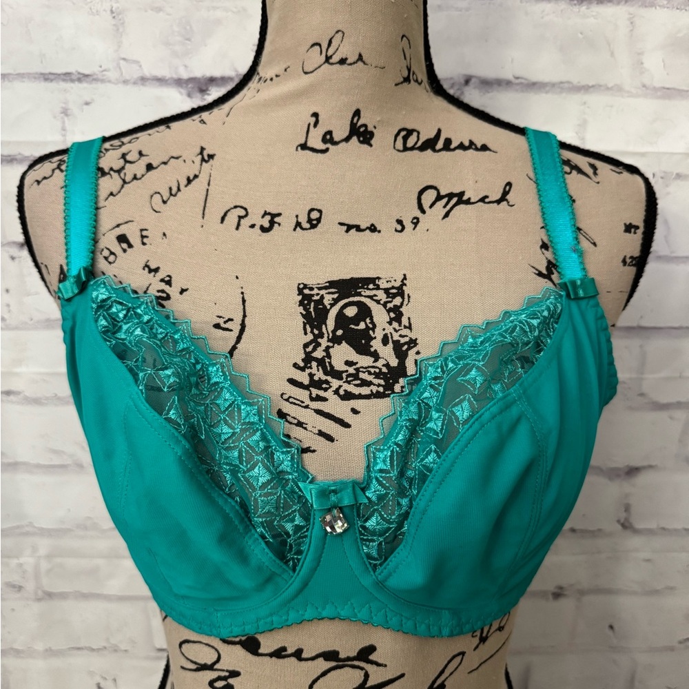Curvy Kate Bra USA 34F Cascade Green Balconette Underwire‎ Sexy Gem Embroidered